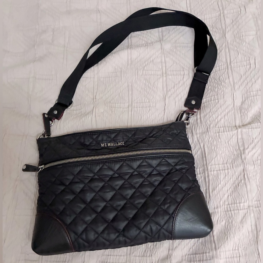 MZ Wallace Black Quilted Crossbody Bag with Gold Accents